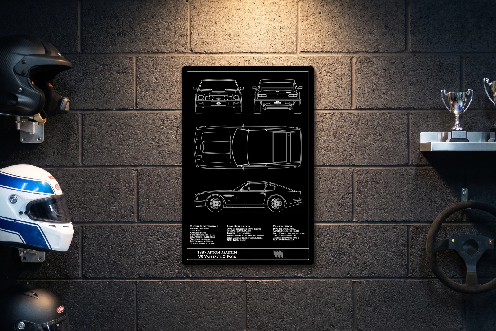 1987 Aston Martin V8 Vantage X Pack, on a racing wall, portrait