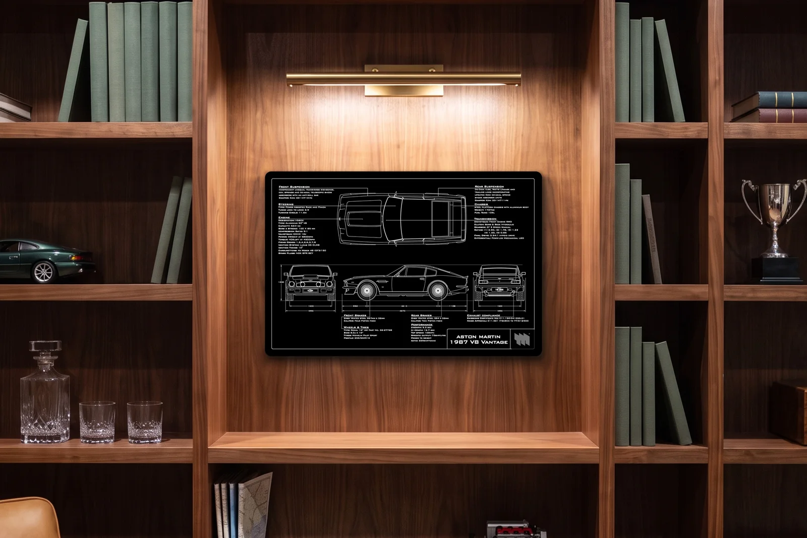 1987 Aston Martin V8 Vantage, in a walnut library, landscape