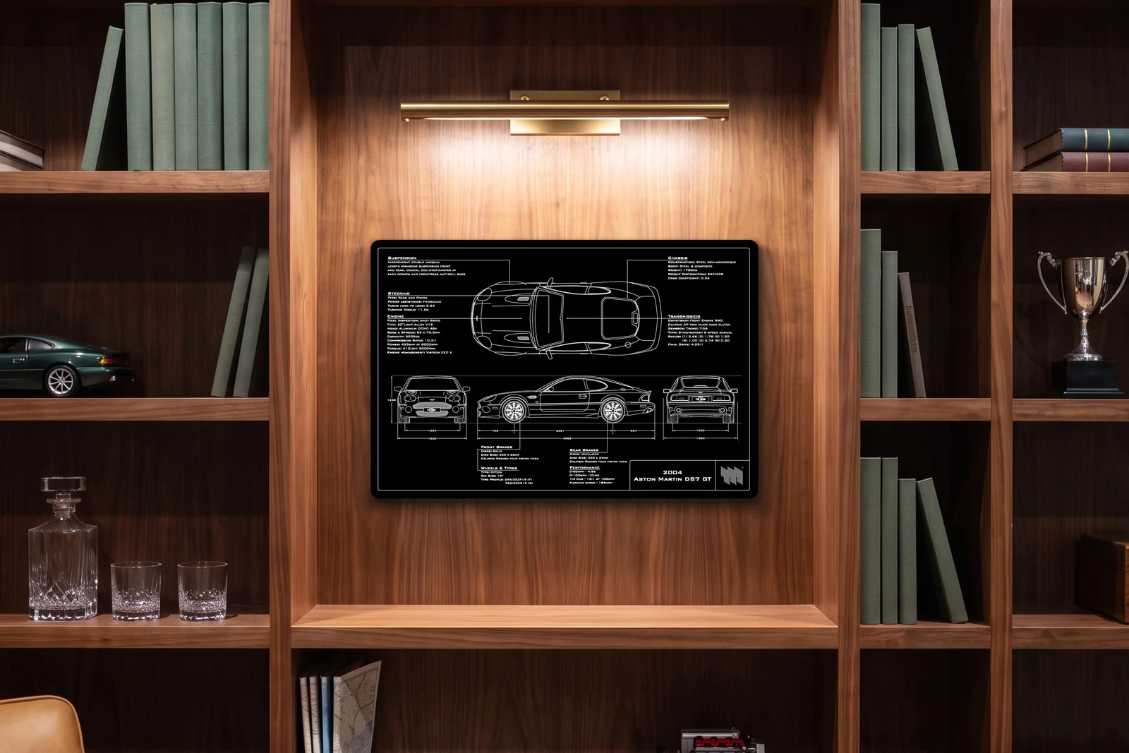 2004 Aston Martin DB7 GT, in a walnut library, landscape