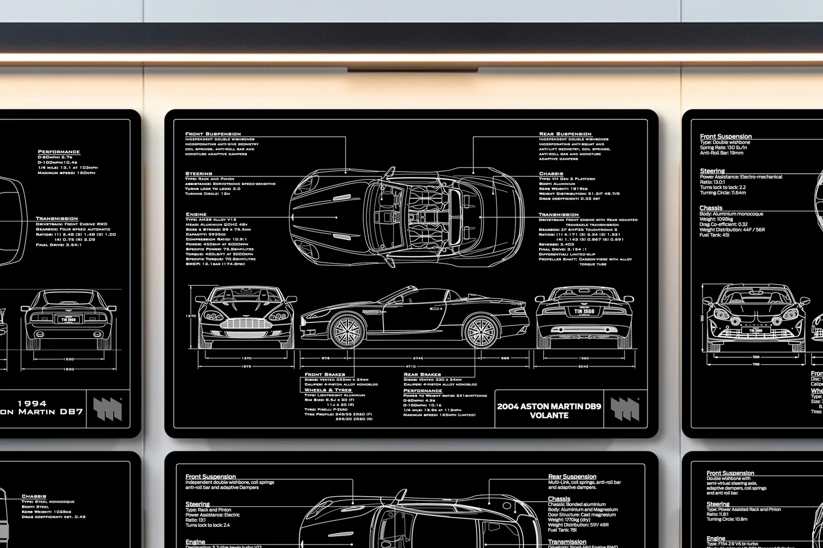 2004 Aston Martin DB9 Volante, close on the workshop wall