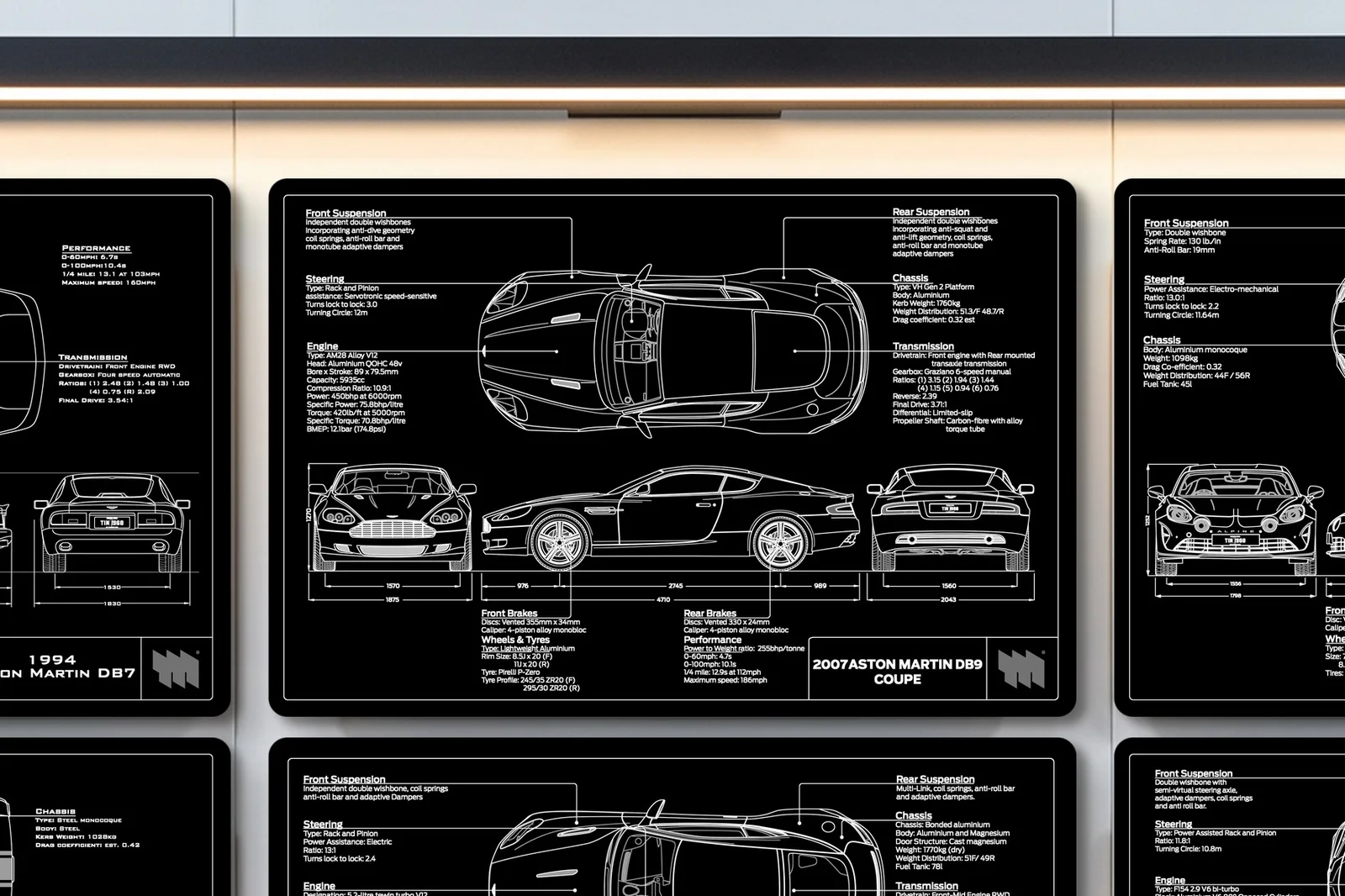 2007 Aston Martin DB9 Coupe, close on the workshop wall
