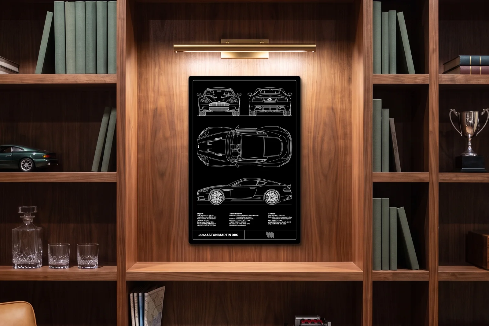 2012 Aston Martin DBS, in a walnut library, portrait