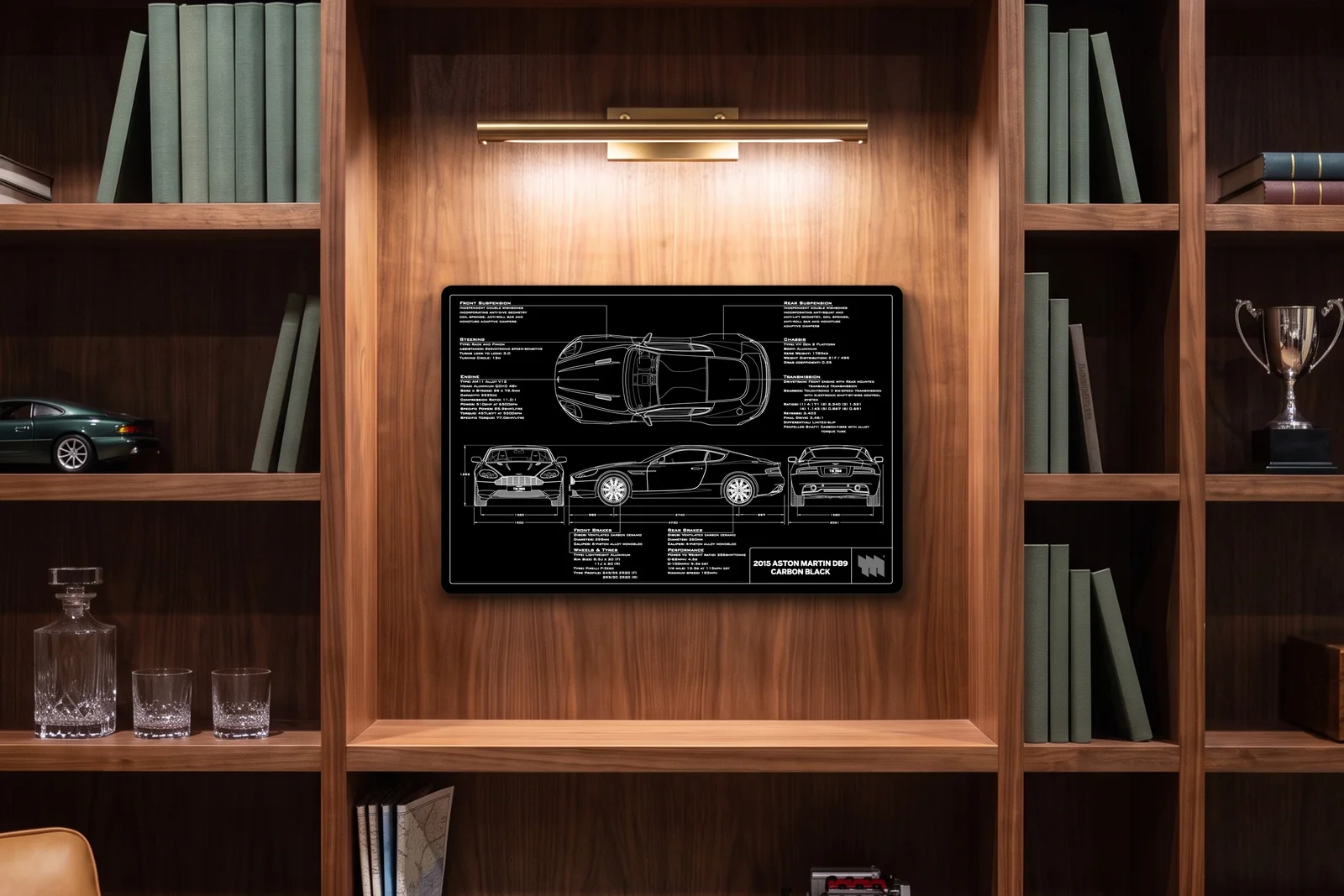 2015 Aston Martin DB9 Carbon Edition, in a walnut library, landscape