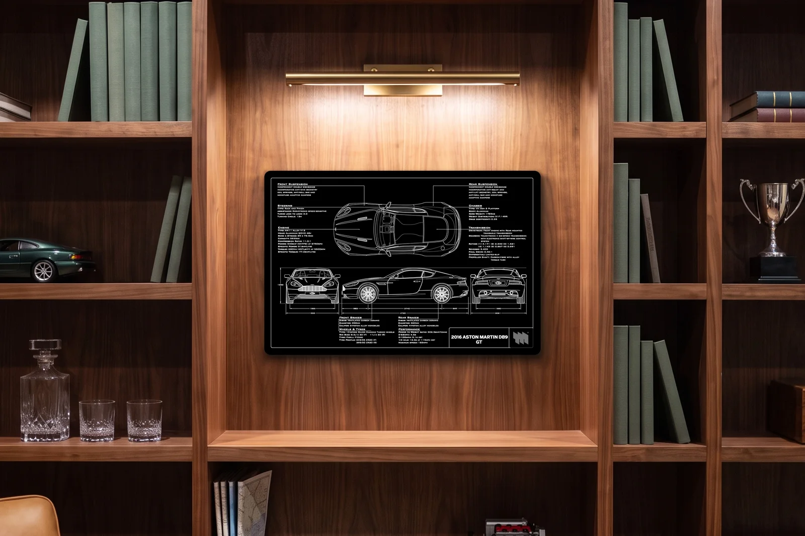 2016 Aston Martin DB9 GT, in a walnut library, landscape