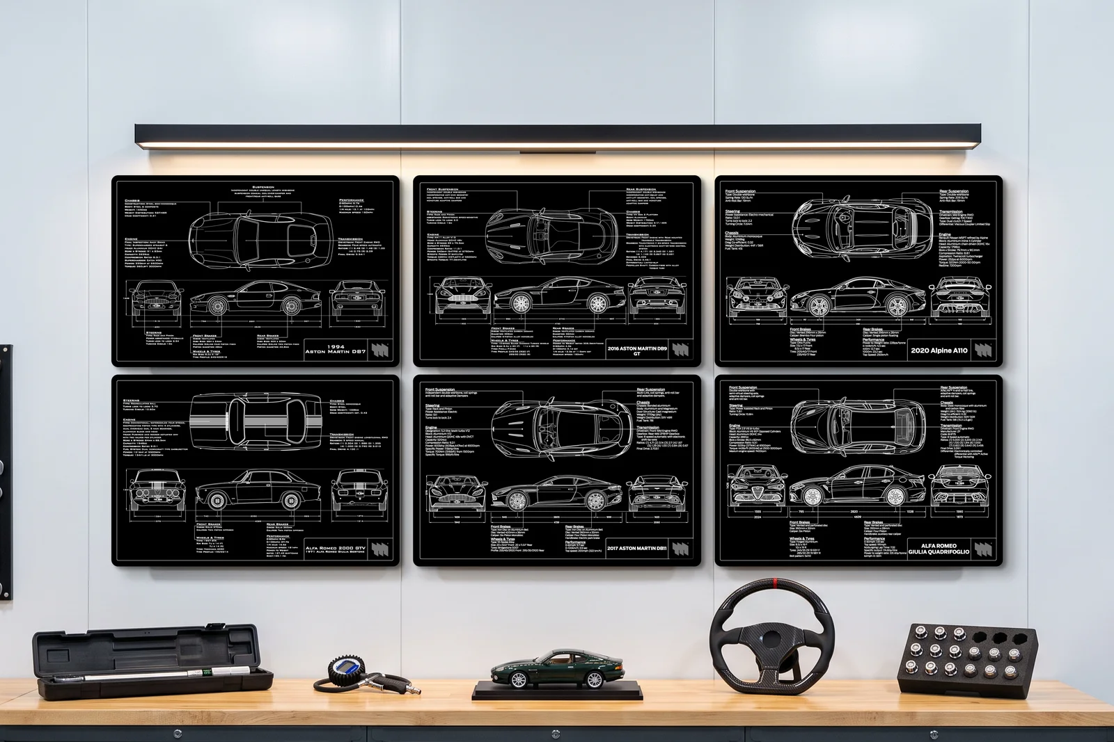 2016 Aston Martin DB9 GT, one of six on a workshop wall